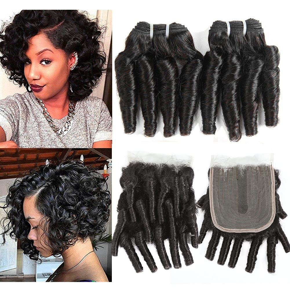 Molefi Brazilian Funmi Hair Curly Weave 3 Bundles With Lace Closure 2X4 T Spiral Curl Hair Bundles With Closure 100% Human Hair
