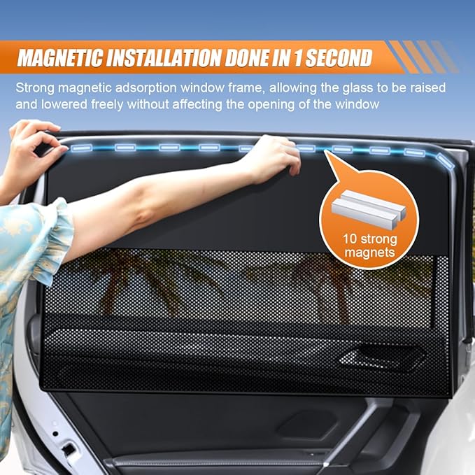 Car Front Side Window Sunshade, Magnetic Automotive Windshield Privacy Curtain with Half Shade, Mesh Sun Protection Cover Blocks Heat, Glare, UV Rays for Driver Passenger (Front)