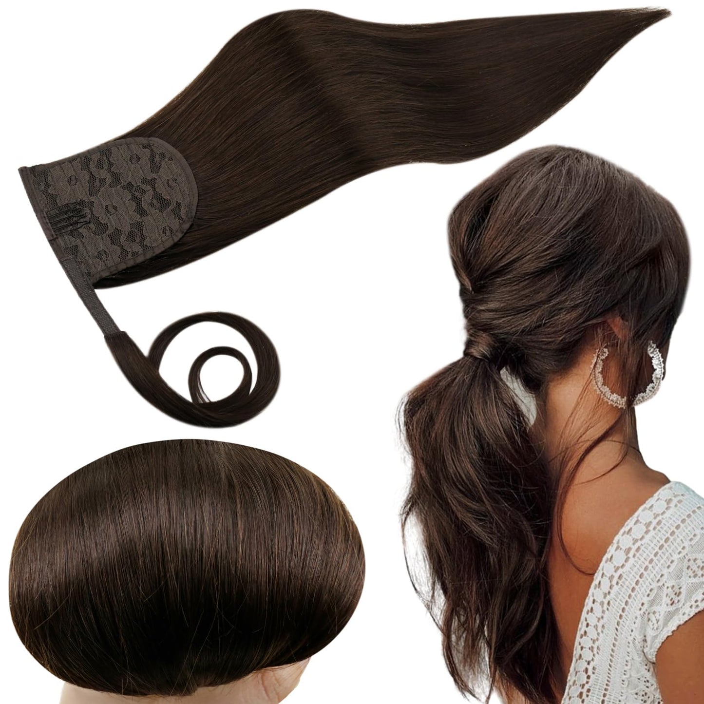 Runature Brown Ponytail Extension Human Hair 20 Inch 80G Long Ponytail Hair Extensions Real Human Hair Double Weft Straight Dark