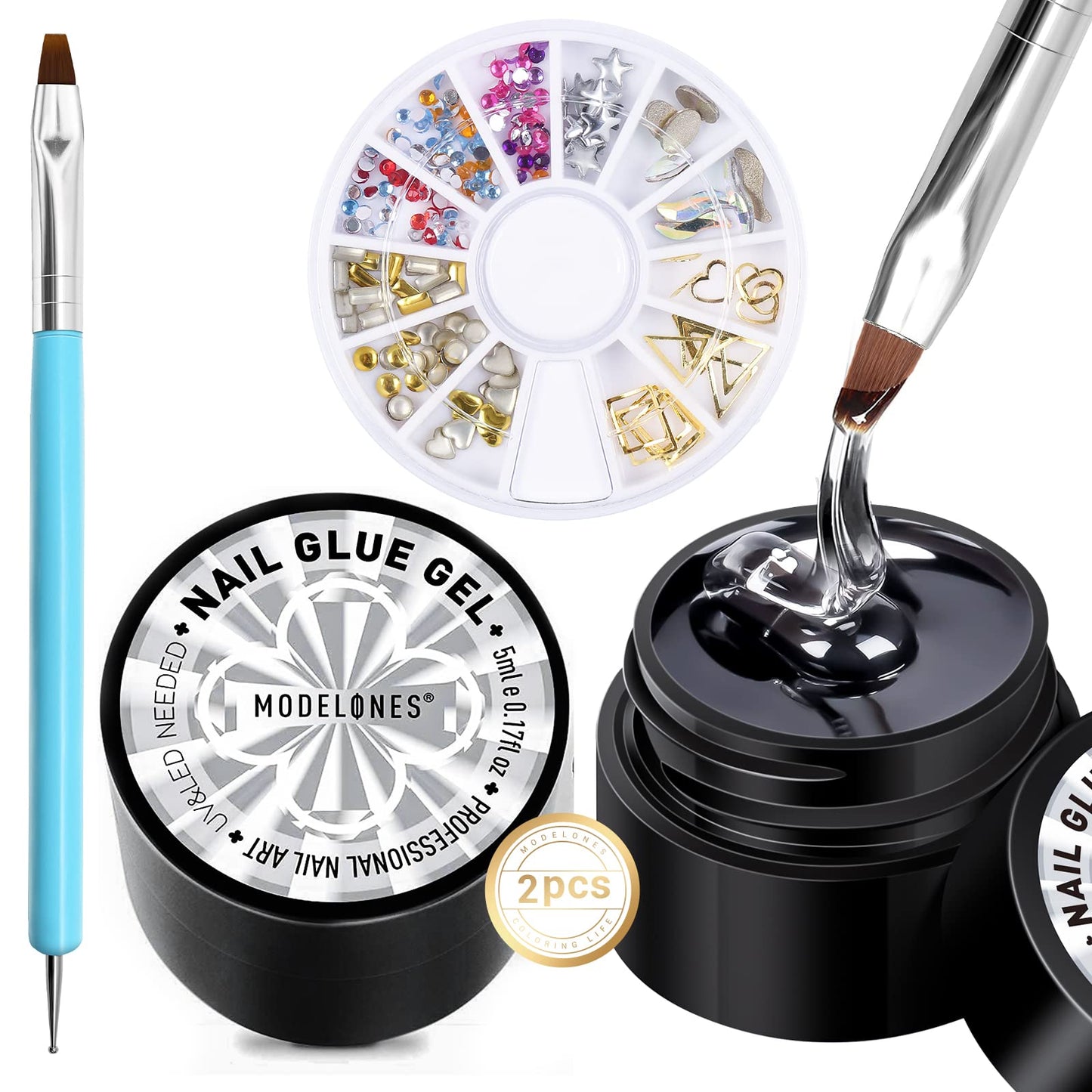 Modelones Rhinestone Glue No Wipe Nail Gem Glue Super Strong Adhesive With Nail Charms & Dual-Use Brush, 2 5 Ml