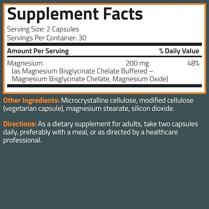 Bronson Magnesium Glycinate 200mg High Absorption Chelated Buffered Gentle On The Stomach Non-GMO, 60 Vegetarian Capsules