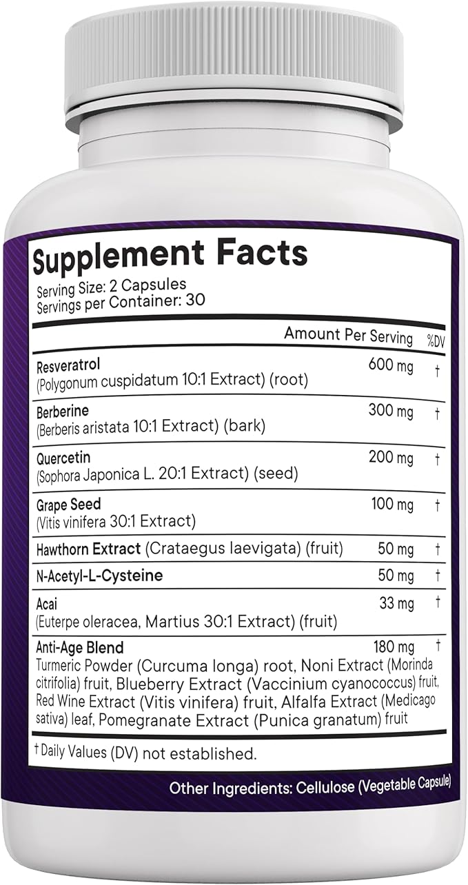 NEW AGE Resveratrol, Berberine, Grape Seed Extract, Quercetin, Polyphenol Supplement for Women and Men with Noni Extract, N-Acetyl Cysteine, Acai Extract - 180 Capsules