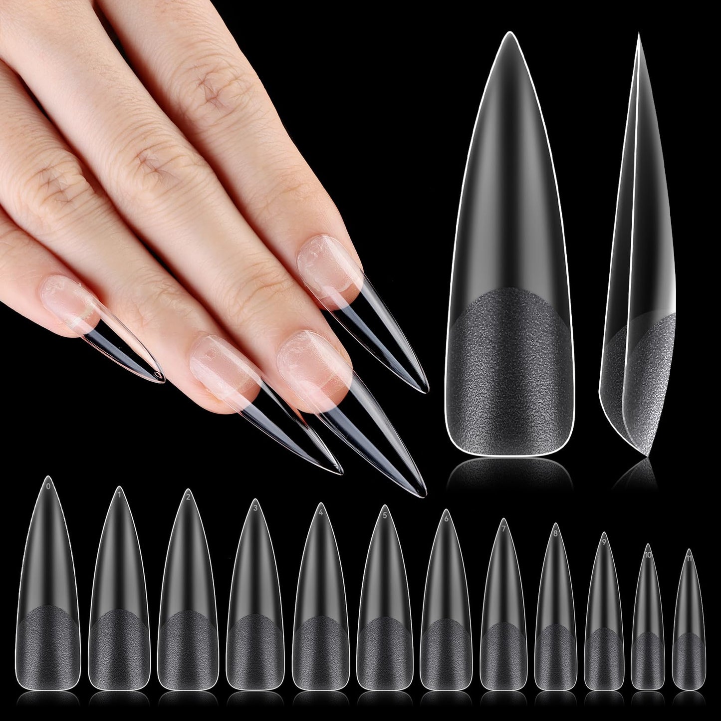 Inenk No C Curve Xxl Stiletto Nail Tips, Half Matte Clear Half Cover, Stiletto Flat Tips For Acrylic Nails Art Design, Salons, H