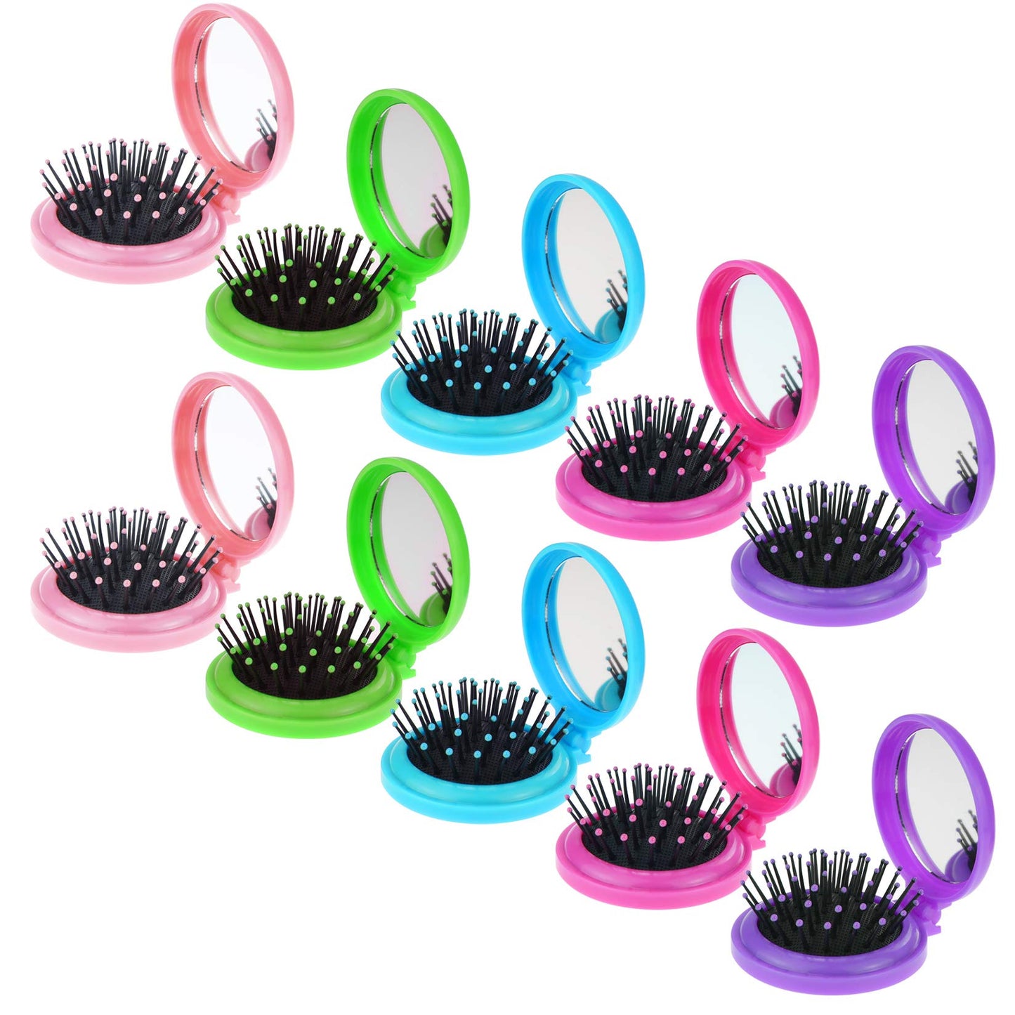 Heliltd 10Pcs Folding Travel Mirror Hair Brushes Round Mirror Pocket Hair Brush Portable Mini Colourful Pop Up Hair Brushes Wet