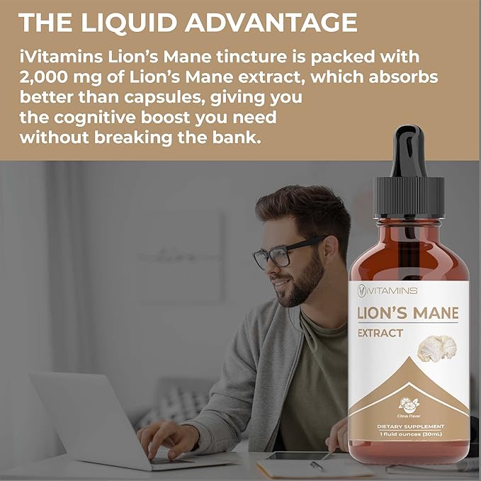 Lions Mane Liquid - Lion’s Mane Tincture for Memory, Focus & Clarity - Lions Mane Supplement - Lions Mane - Lion Mane Mushroom Supplement - Nootropics Brain Support Supplement - (2 Pack)