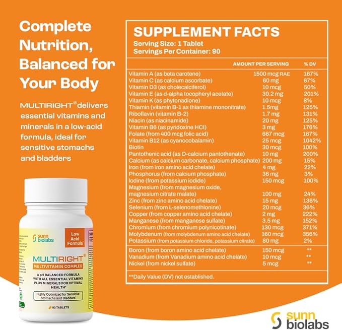 MULTIRIGHT | LOW ACID MULTIVITAMIN for Sensitive Stomachs, Bladders or IC | 14 Vitamins & 14 Minerals | Bladder-Friendly, pH Balanced | Easy on Digestion-Less Acidic | Buffered Vitamin C | 180 Tab (2)