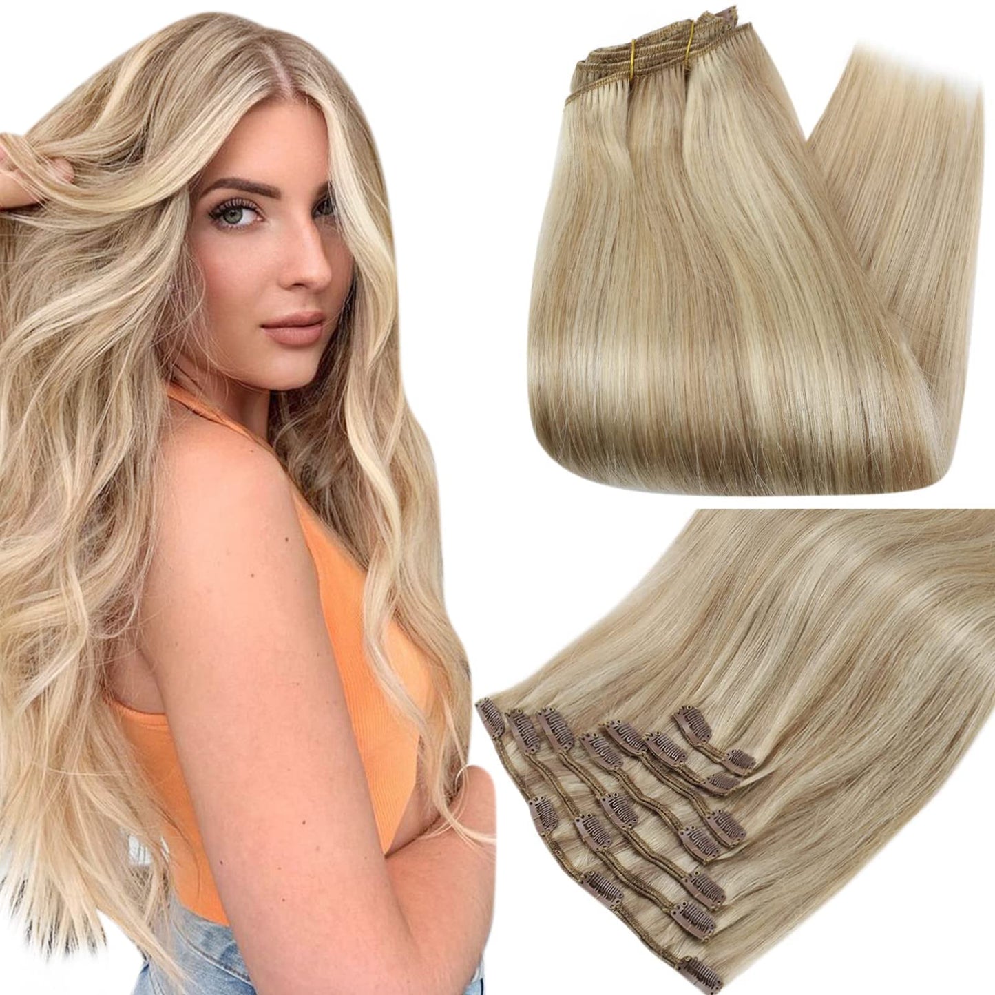 Full Shine Blonde Highlight Clip in Hair Extensions Human Hair P16/22 Clip in Hair Extensions Remy Human Hair 7 Pcs Double Weft