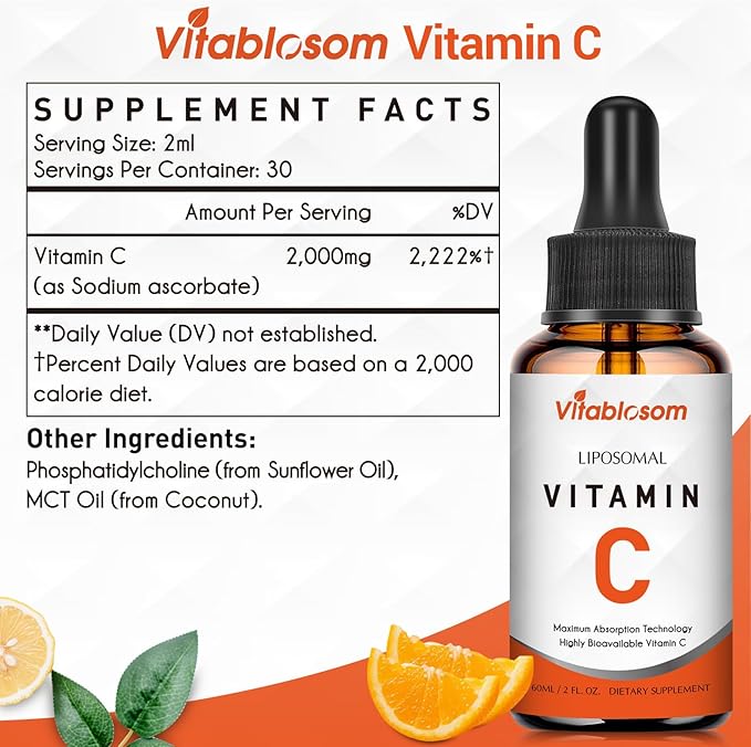 Liposomal Vitamin C 2000mg Liquid for Adults, High Absorption VIT C, Maximize Vitamin C, for Immune System & Antioxidant, 60ML (4 Bottles)