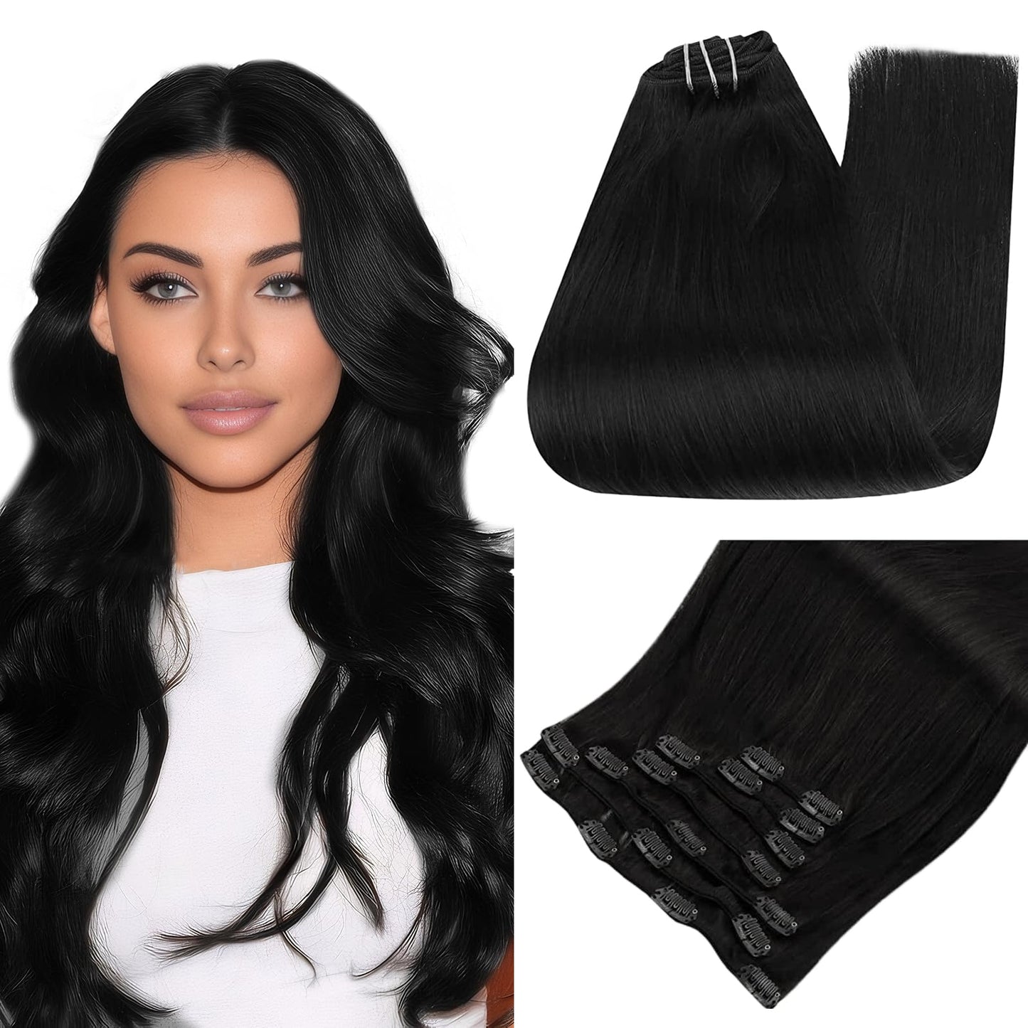 Full Shine Jet Black Clip in Hair Extensions Remy Hair Extensions Clip in Human Hair Color 1 Natural Hair Clip in Extensions for