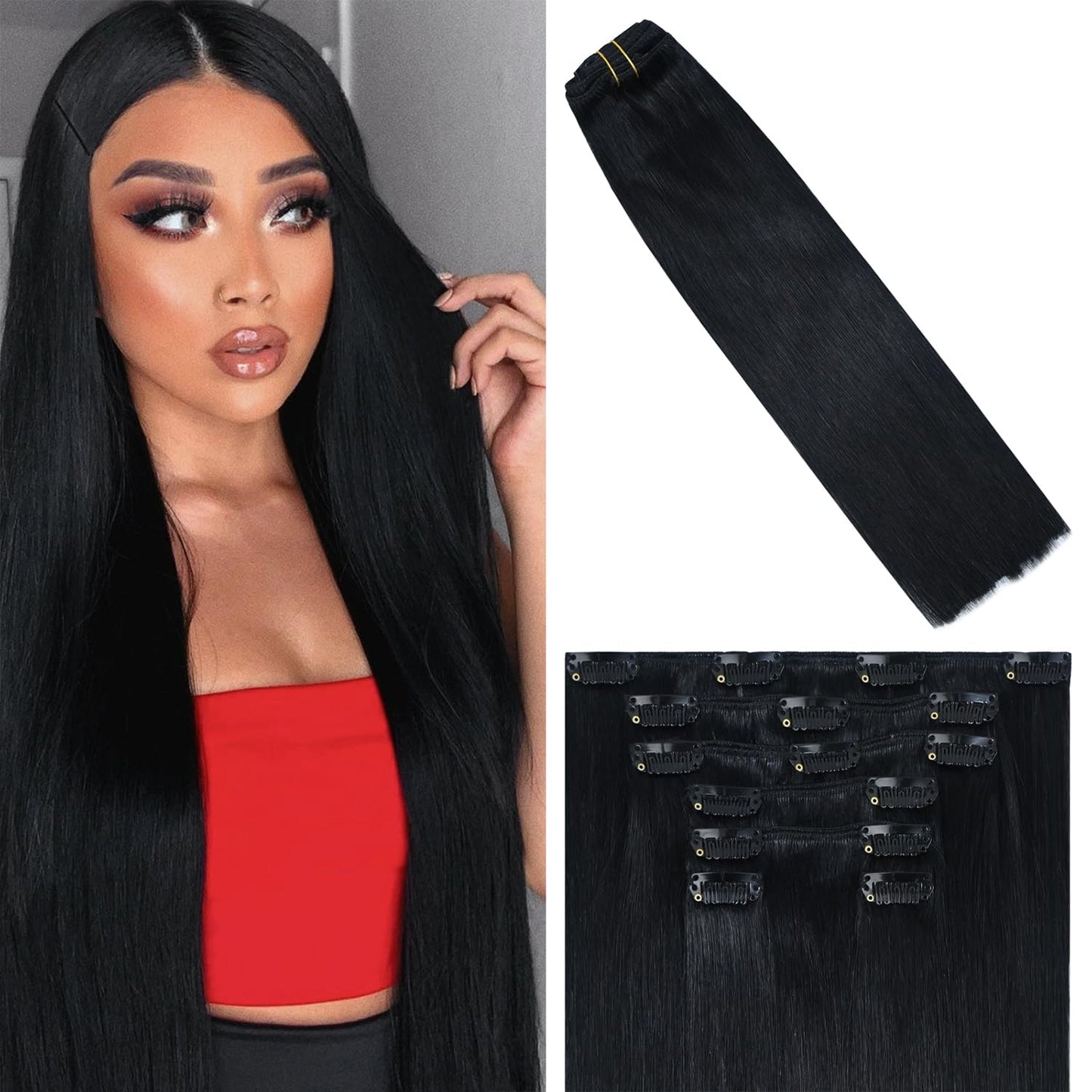 WindTouch Clip in Jet Black Straight Human Hair Extensions - 7pcs, 22inch, 115g