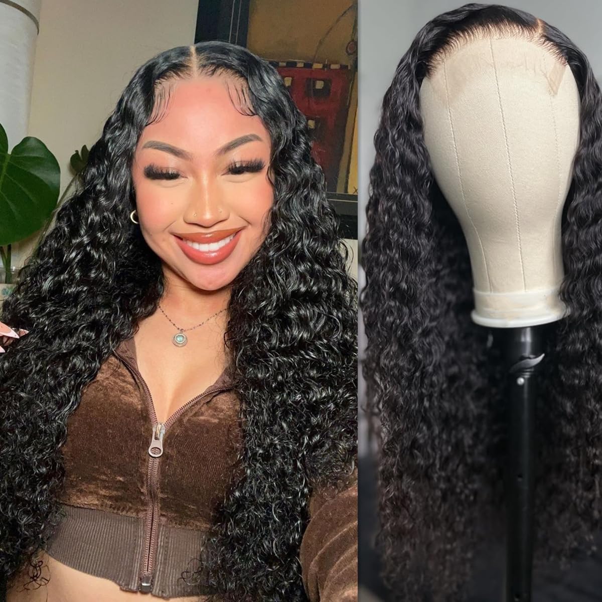 Josblue 4X4 Deep Curly Lace Front Wigs Human Hair For Black Women 4X4 Transparent Lace Closure Wet And Wavy 180% Density Wigs Hu