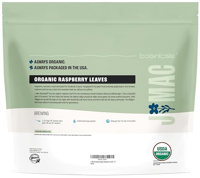 J MAC BOTANICALS, Organic Red Raspberry Leaf, Herbal Tea (16 Ounce Bag 200+ Cups) Cut & sifted Dried Leaf