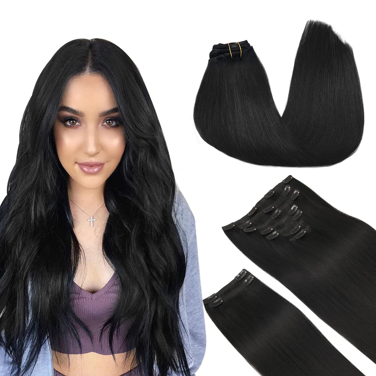 Doores Hair Extensions Real Human Hair, Jet Black 150G 9Pcs 22 Inch, Real Hair Extensions Clip In Human Hair Thick Extensions Hu