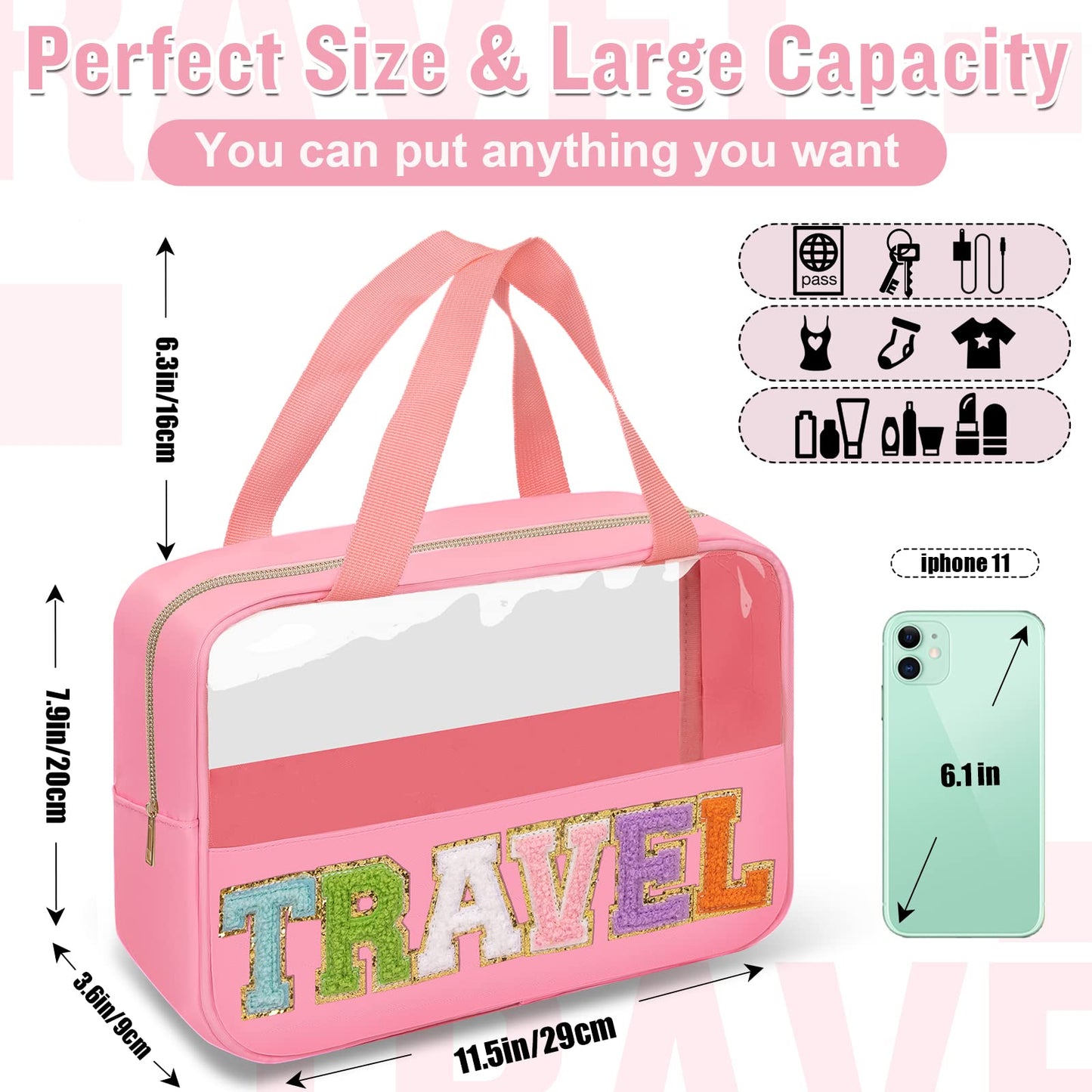 Preppy Clear Travel Makeup Bags with Chenille Letter Patches, Travel Essentials Large Clear Make up Bag Zipper Pouch with Handle, Waterproof Nylon Cosmetic Toiletry Storage Tote for Women(TRAVEL-Pink)