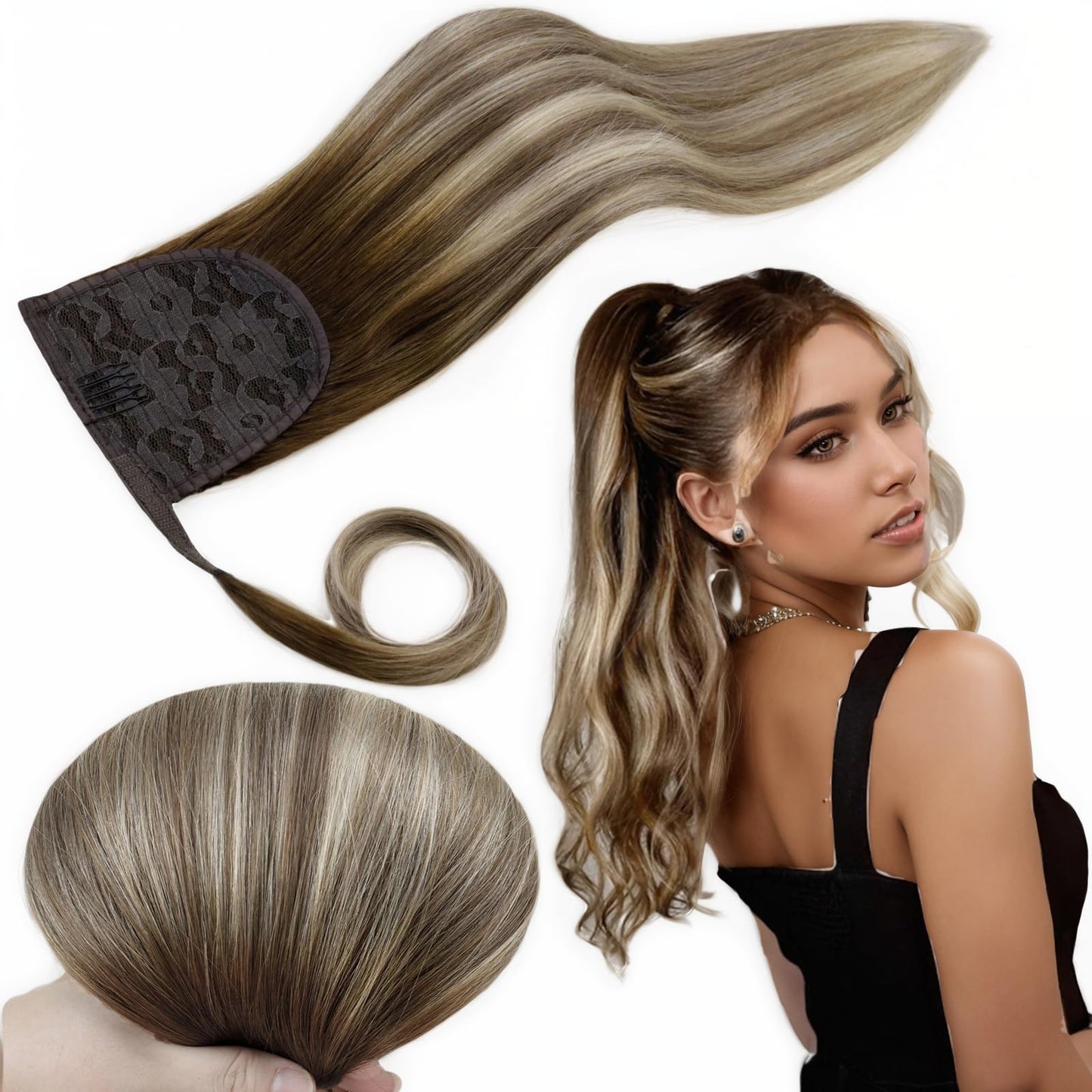 Runature Straight Ponytail Extension Human Hair Balayage Walnut Brown To Ash Brown With Bleach Blonde Short Ponytail Human Hair