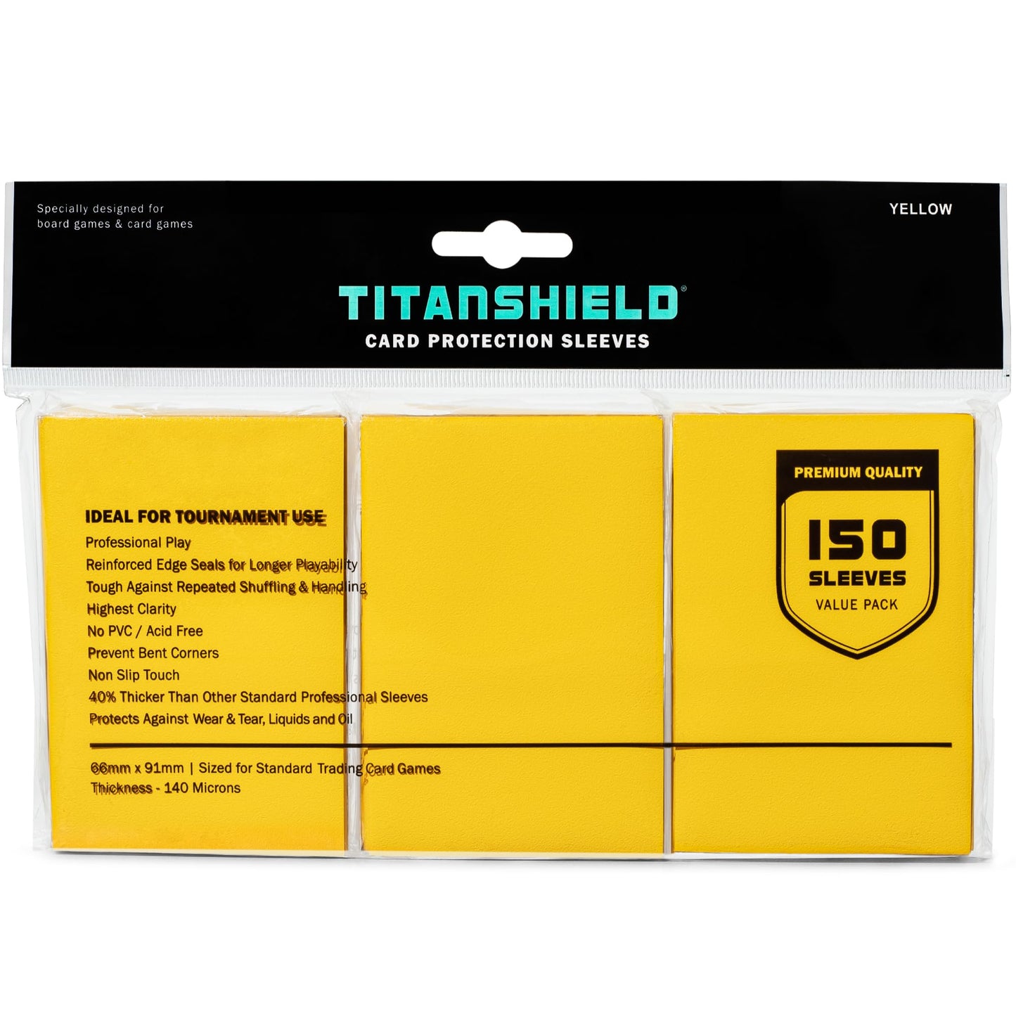 TitanShield (150 Sleeves, Yellow Compatible with Standard Sized Board Games, MTG Magic The Gathering, Lorcana, and Trading Card Sleeves Deck Protector 2.5" x 3.5" 66x91mm