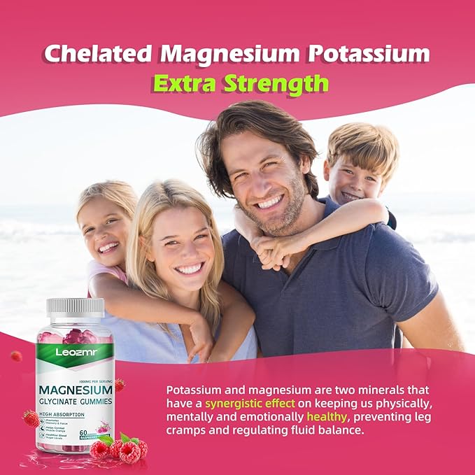 Magnesium Glycinate Gummies 1000mg - Sugar Free Magnesium Potassium Supplement with Vitamin D, B6, CoQ10 for Calm Mood & Sleep Support - 120Raspberry Gummies