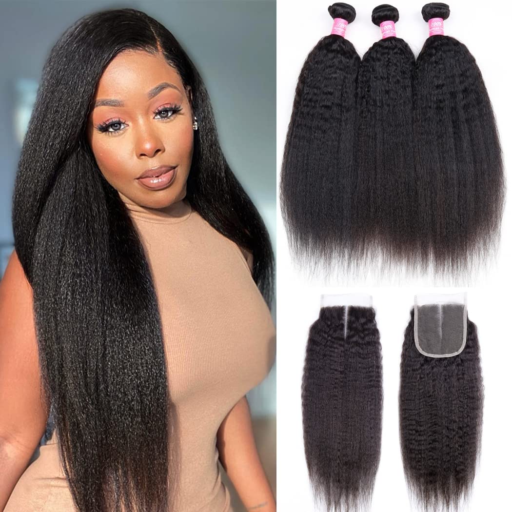 Odir Kinky Straight Bundles With 4X4 Closure Brazilian Human Hair 10 12 14+10 Inch Yaki Straight Virgin Hair 3 Bundles With Lace
