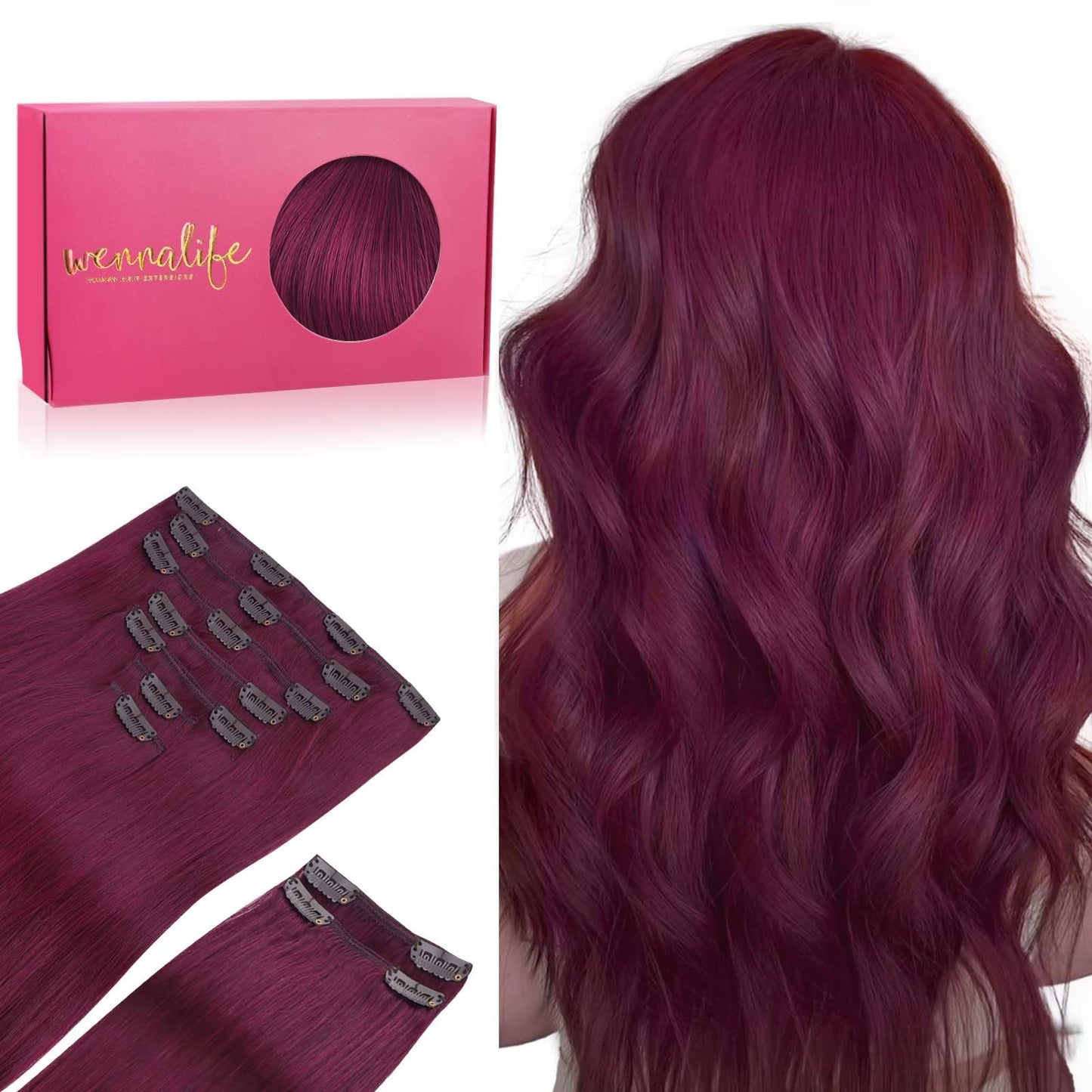 Wennalife Clip In Hair Extensions, 150G 16 Inch 9Pcs Light Burgundy Human Hair Extensions Thicker Clip In Hair Extensions Real H