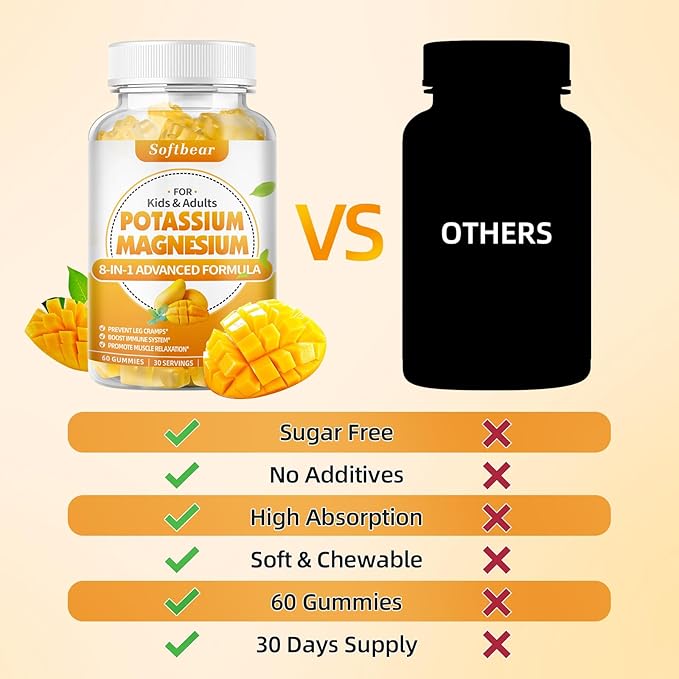 softbear Potassium Magnesium Gummies for Women, Calcium Magnesium Potassium Supplements with Vitamins Sugar-Free Potassium Citrate Gummies Support Muscle Health, Mango Flavor 60 Count