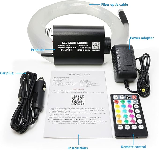 AMKI 16W Fiber Optic Lights,Starlight Headliner Light Kit APP/Remote Control Sound Activated Mode for Car&Home Decoration,Optical Fiber Cable Strands 0.75mm/0.03in 6.5ft/2m 450pcs