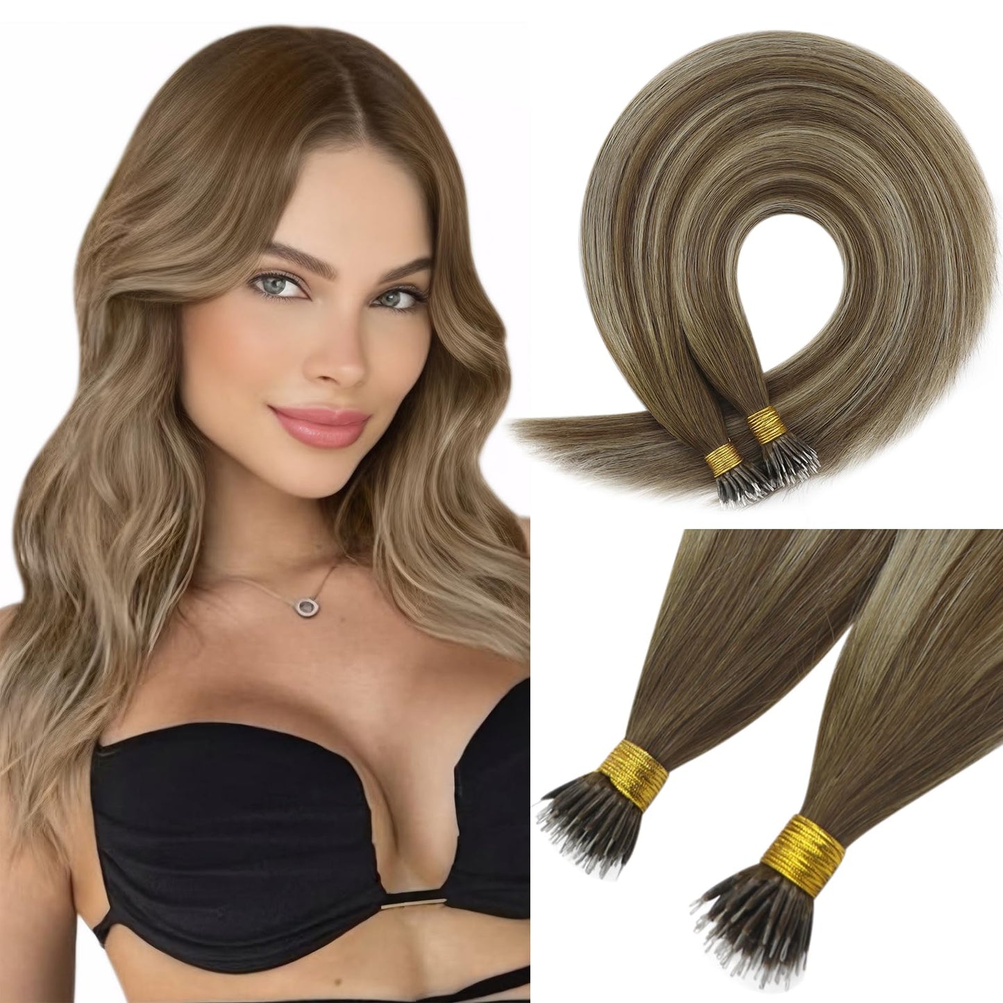Sunny Hair Nano Bead Hair Extensions Brown Balayage Nano Extensions Human Hair Balayage Medium Brown To Platinum Blonde Invisibl