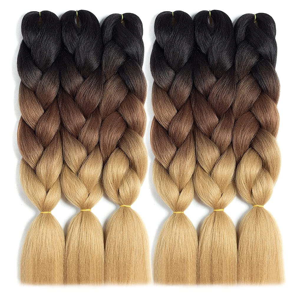 Rn Beauty Ombre Braiding Hair 6 Packs 24 Inch Ombre Jumbo Braiding Hair Synthetic Braids Hair Extensions (Black/Dark Brown/Light