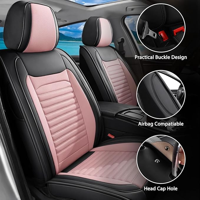 Car Seat Covers Full Set Fit for Toyota Yaris 2007-2020, Premium Faux Leather Car Seat Protector,Breathable Anti-Slip Full Wrapping Edge Seat Covers(Black&Pink,Full Set)