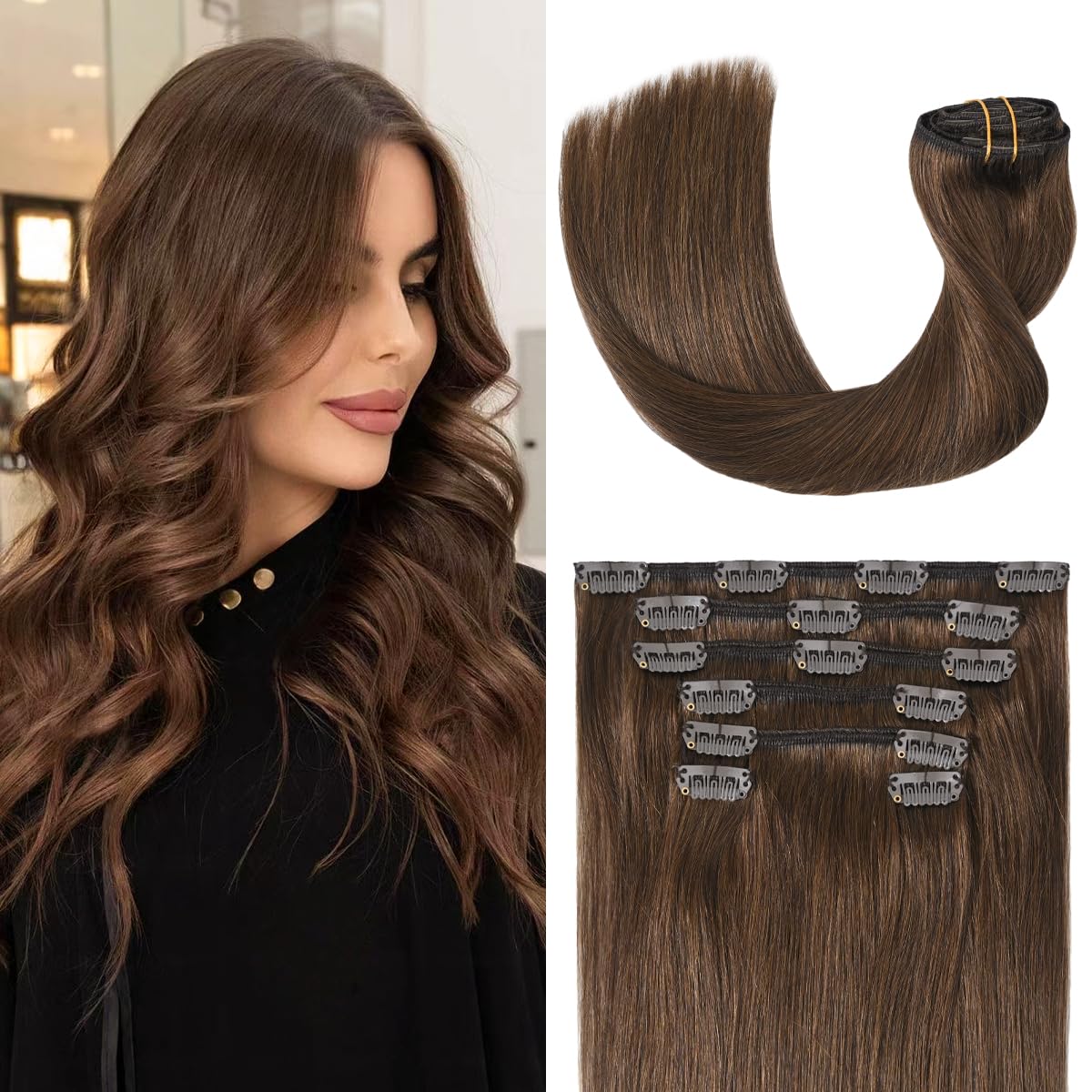 Ugotrays Medium Brown Hair Extensions Real Human Hair Clip In Hair Extensions 70G 7Pcs 15Inch,Soft & Natural Straight Double Wef