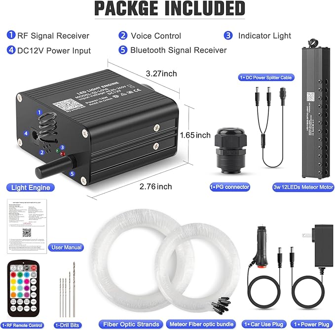 16W Meteor Twinkle LED Fiber Optic Lights, Bluetooth APP/Remote/Music Control RGBW Star Ceiling Light Kit+Adapter+Car Use Plug+Shooting Stars Light Kit, 550pcs*0.03in*9.8ft for Car/Home