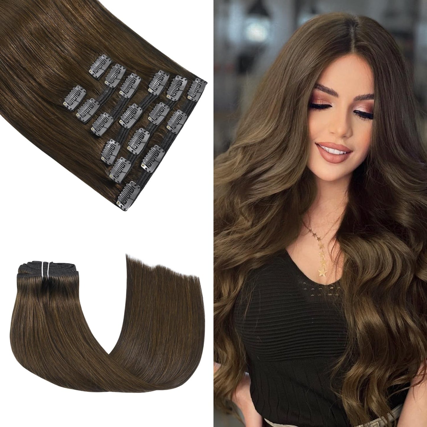 Honsoo Brown Clip In Hair Extensions Real Human Hair Medium Brown 16In 120G 7Pcs Silky Straight 100% Remy Human Hair Extensions