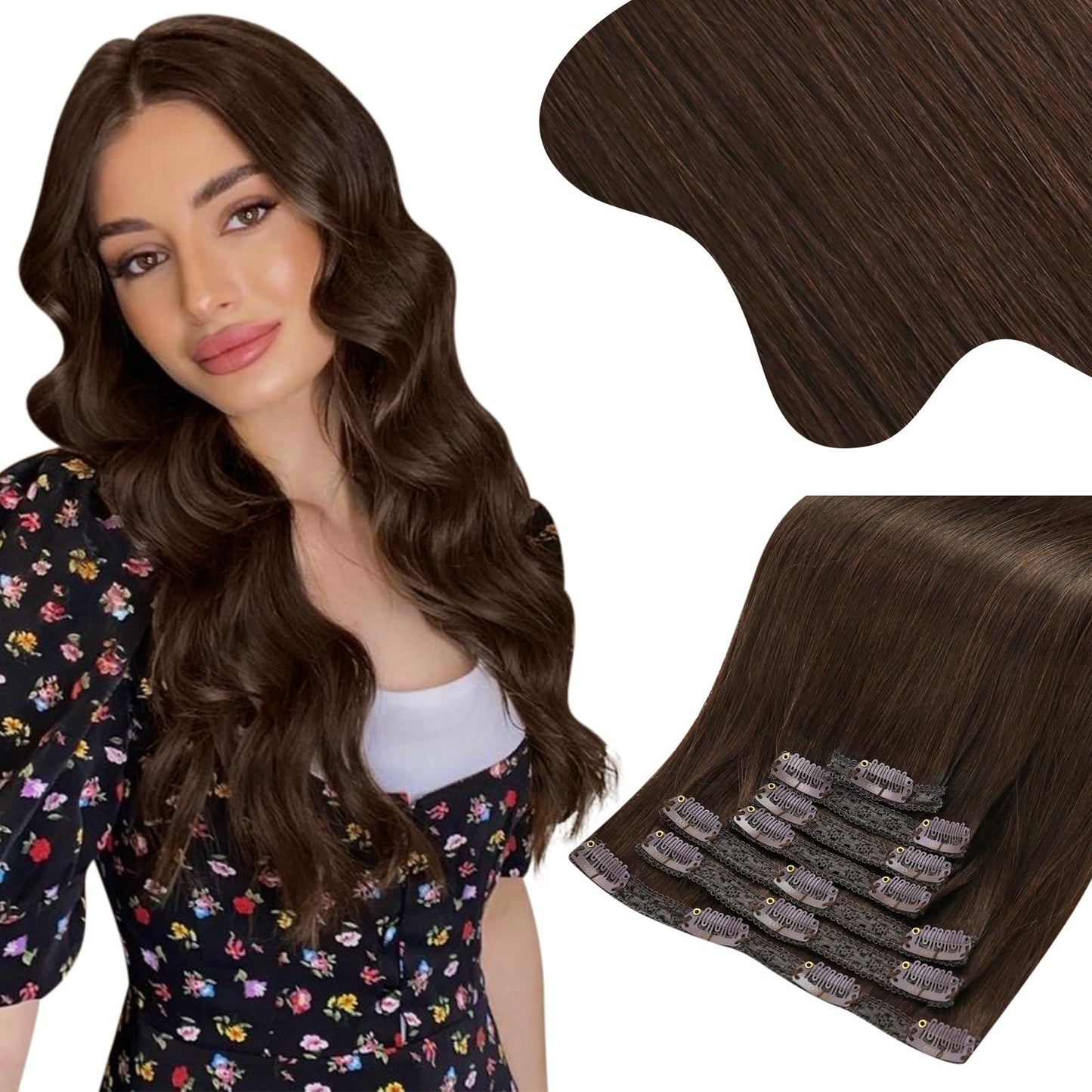 Moresoo Clip In Human Hair Extensions Dark Brown Real Human Hair Clip Ins Double Weft 20Inch #4 7Pcs/150G