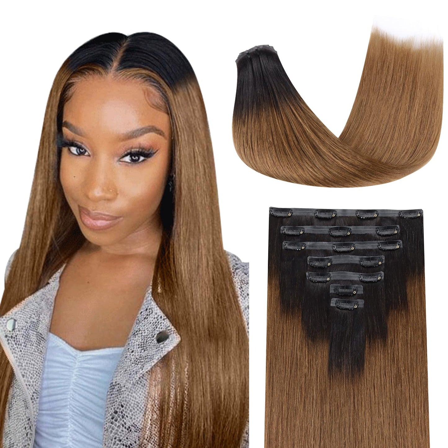 Lashey Seamless Clip In Hair Extensions Human Hair 110G 7Pcs Yaki Straight Ombre Natural Black To Medium Auburn Clip In Hair Ext