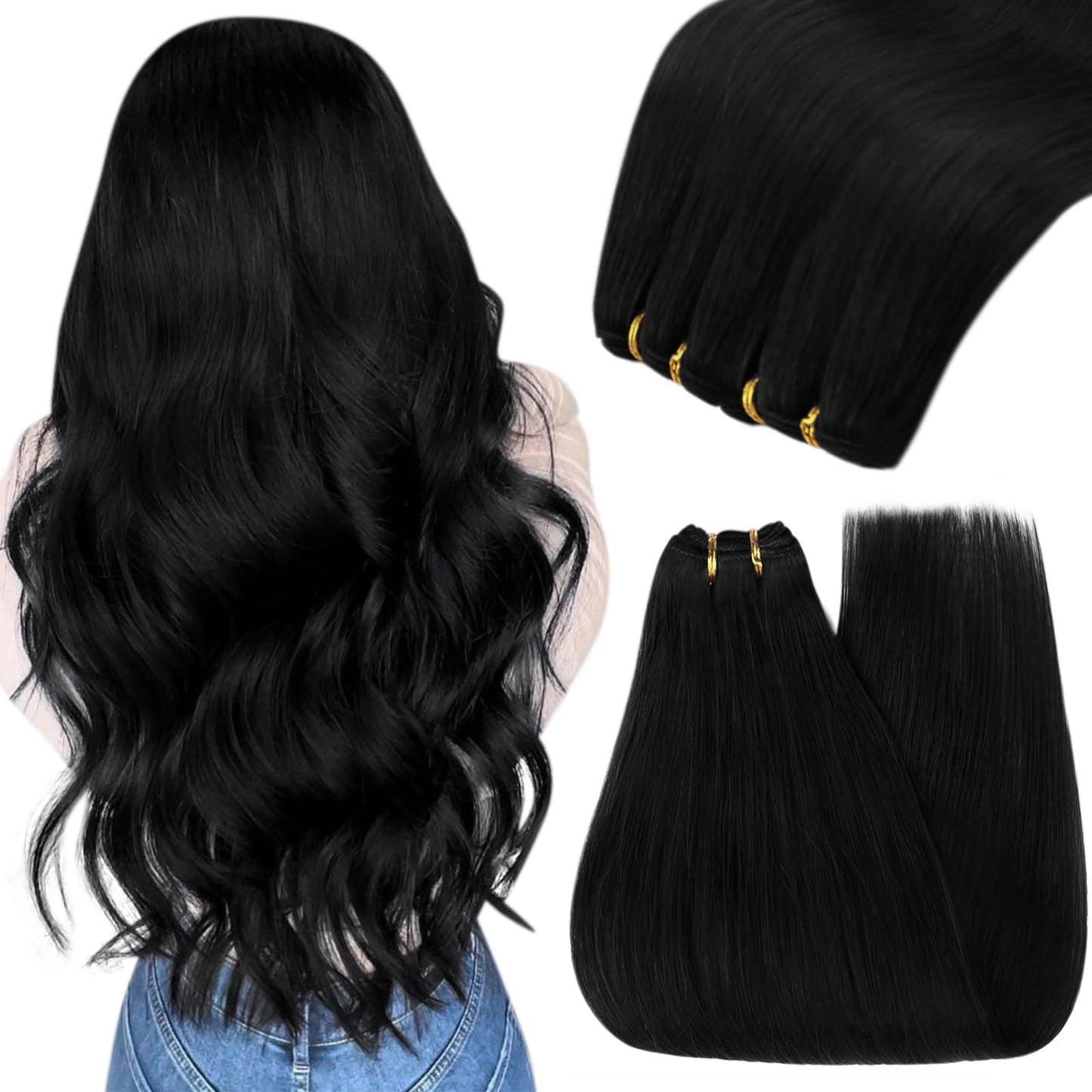 Youngsee 125G Weft Hair Extensions Black Sew In Human Hair Extensions Jet Black Sew In Weft Hair Extensions For Black Women Weft