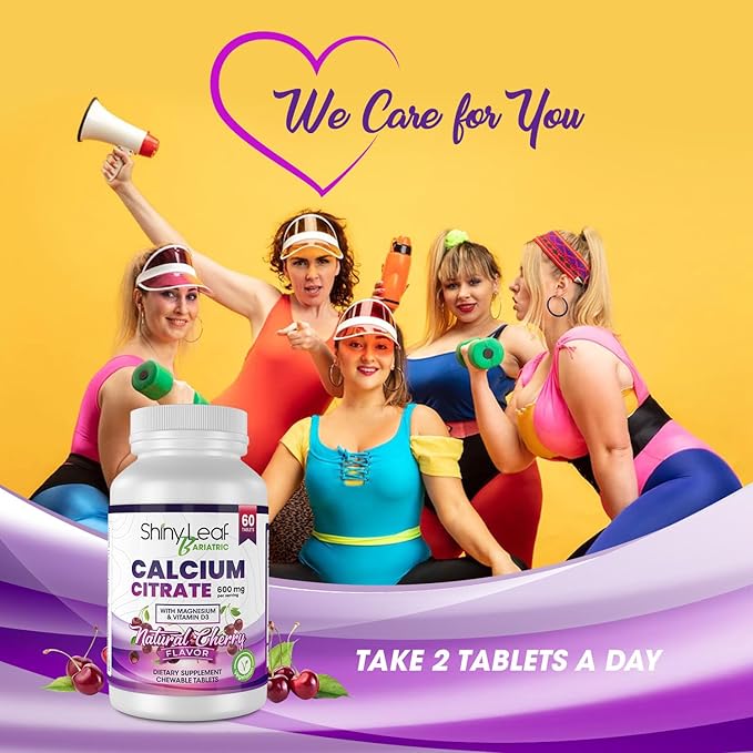 Shiny Leaf Bariatric Calcium Citrate Chews - 600mg, with Vitamin D 3 Plus Magnesium - Chewable Supplements for Women and Men, Bariatric Patients Vitamins for Bone and Joints Health, 180 Count, Cherry