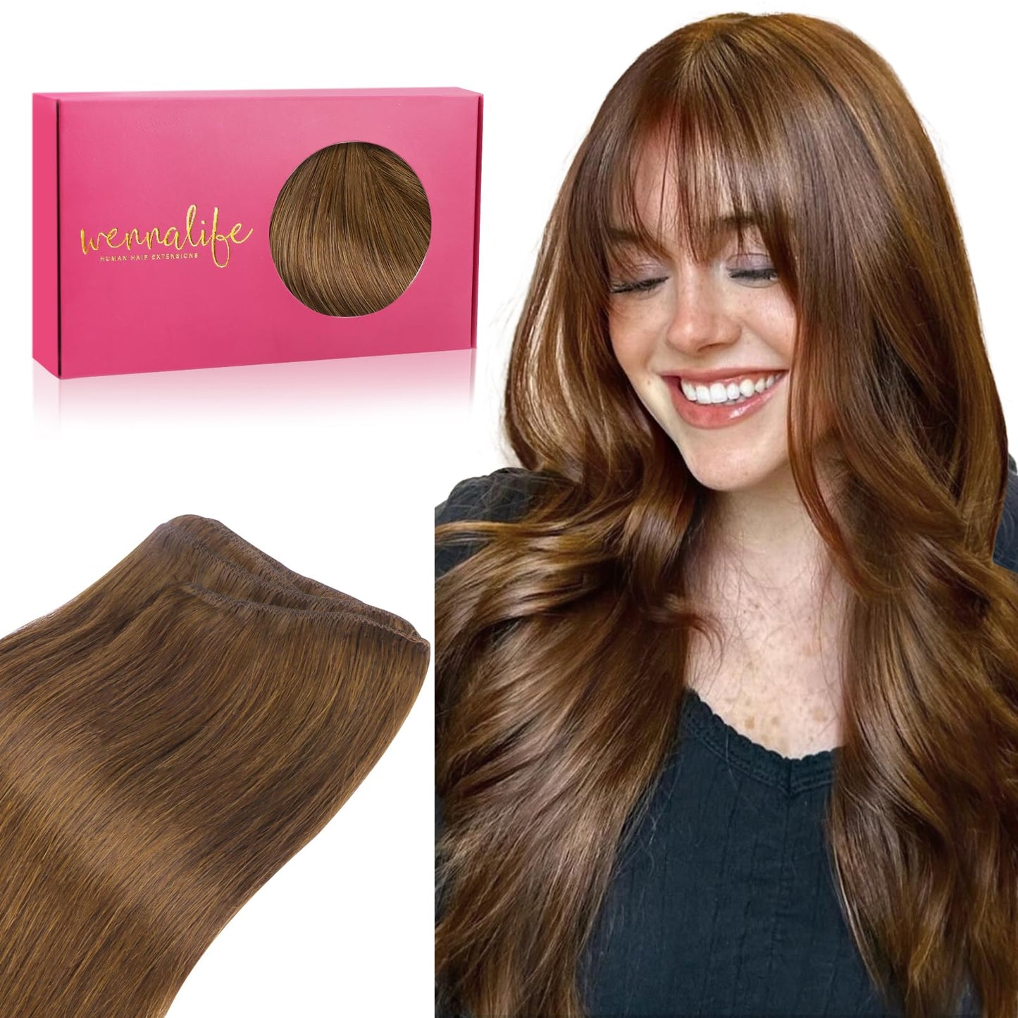 Wennalife Sew In Hair Extensions Real Human Hair, 18 Inch 90G Light Auburn Brown Machine Weft Hair Extensions Human Hair Hand Ti