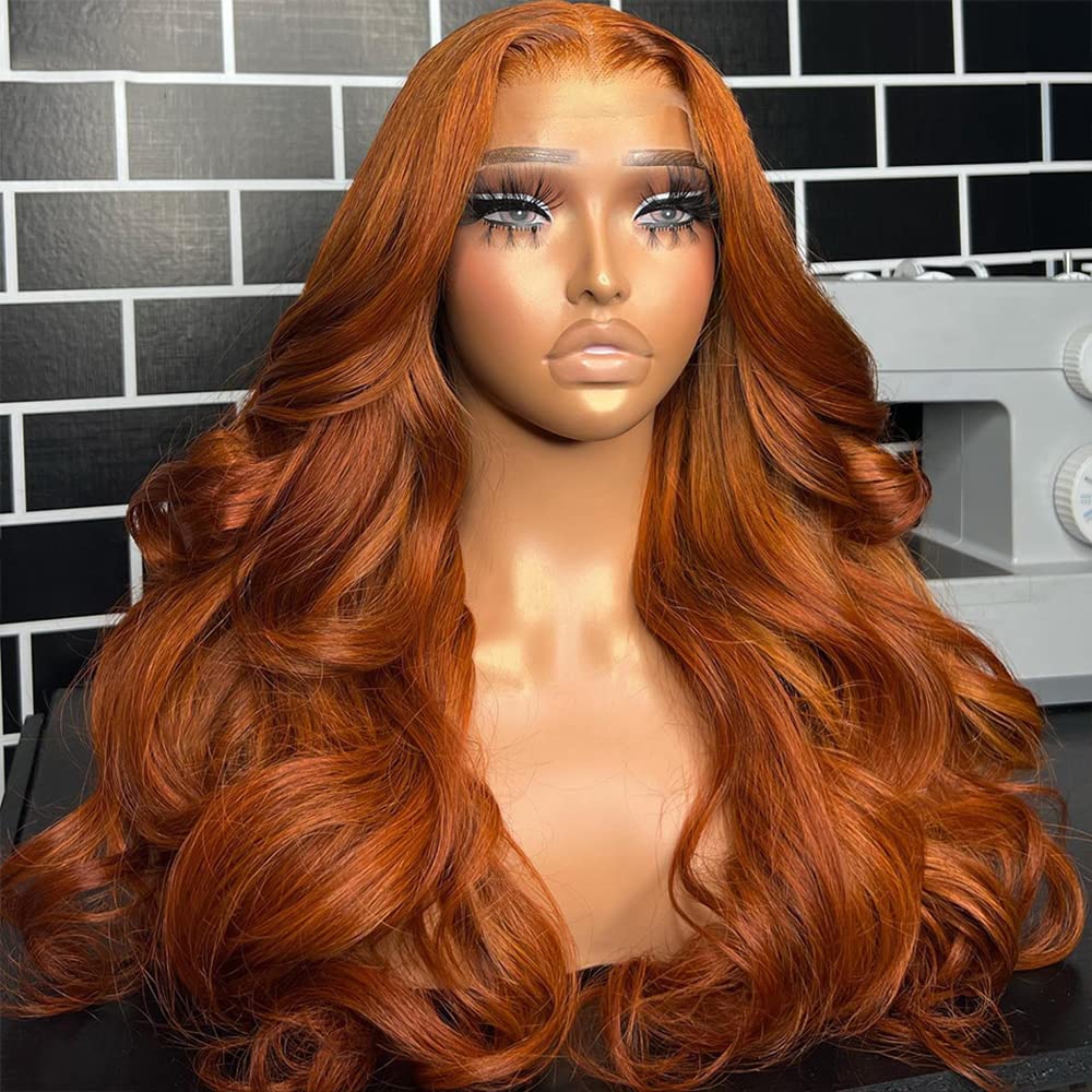 Giannay Orange Lace Front Wigs Dark Orange Body Wave Synthetic Lace Front Wig For Women Pre Plucked Hairline Wig (Ginger Orange