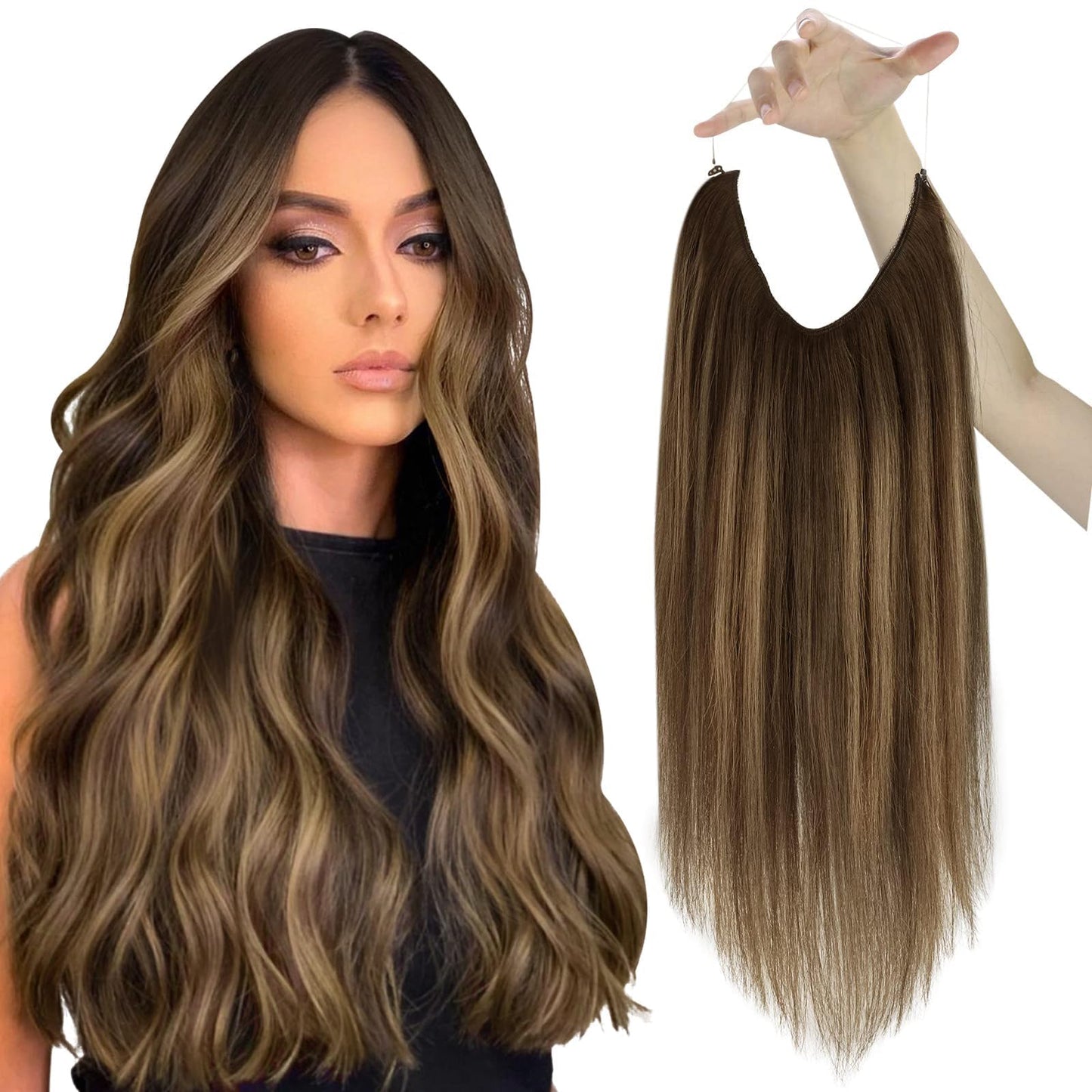 Sunny Wire Hair Extensions 100G Long Human Hair Wire Extensions Dark Brown Balayage Caramel Blonde Invisible Wire Hair Extension