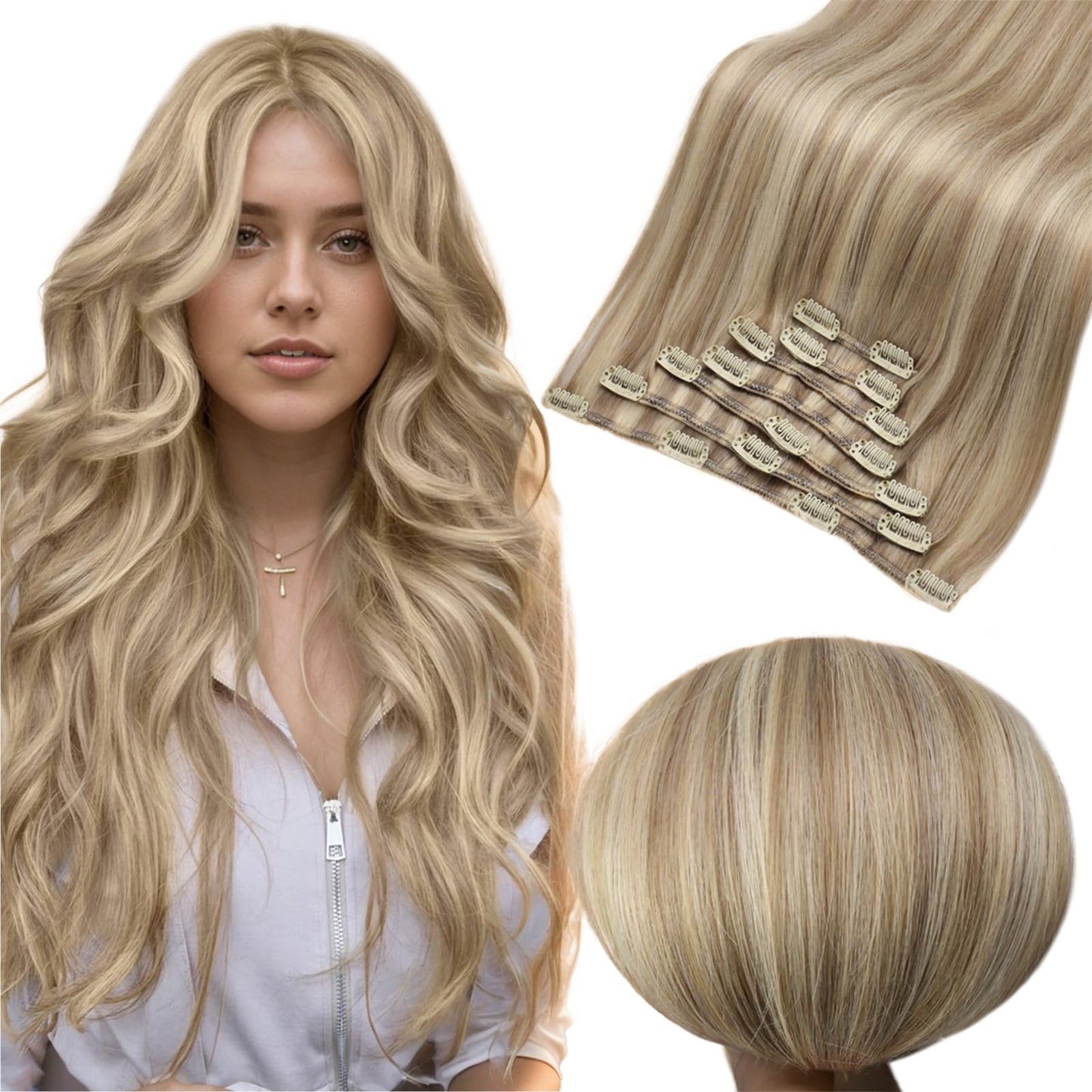 Full Shine Hair Extensions Dark Ash Blonde Clip In Human Hair 16 Inch Beige Blonde Highlights Light Blonde Real Human Hair Blond