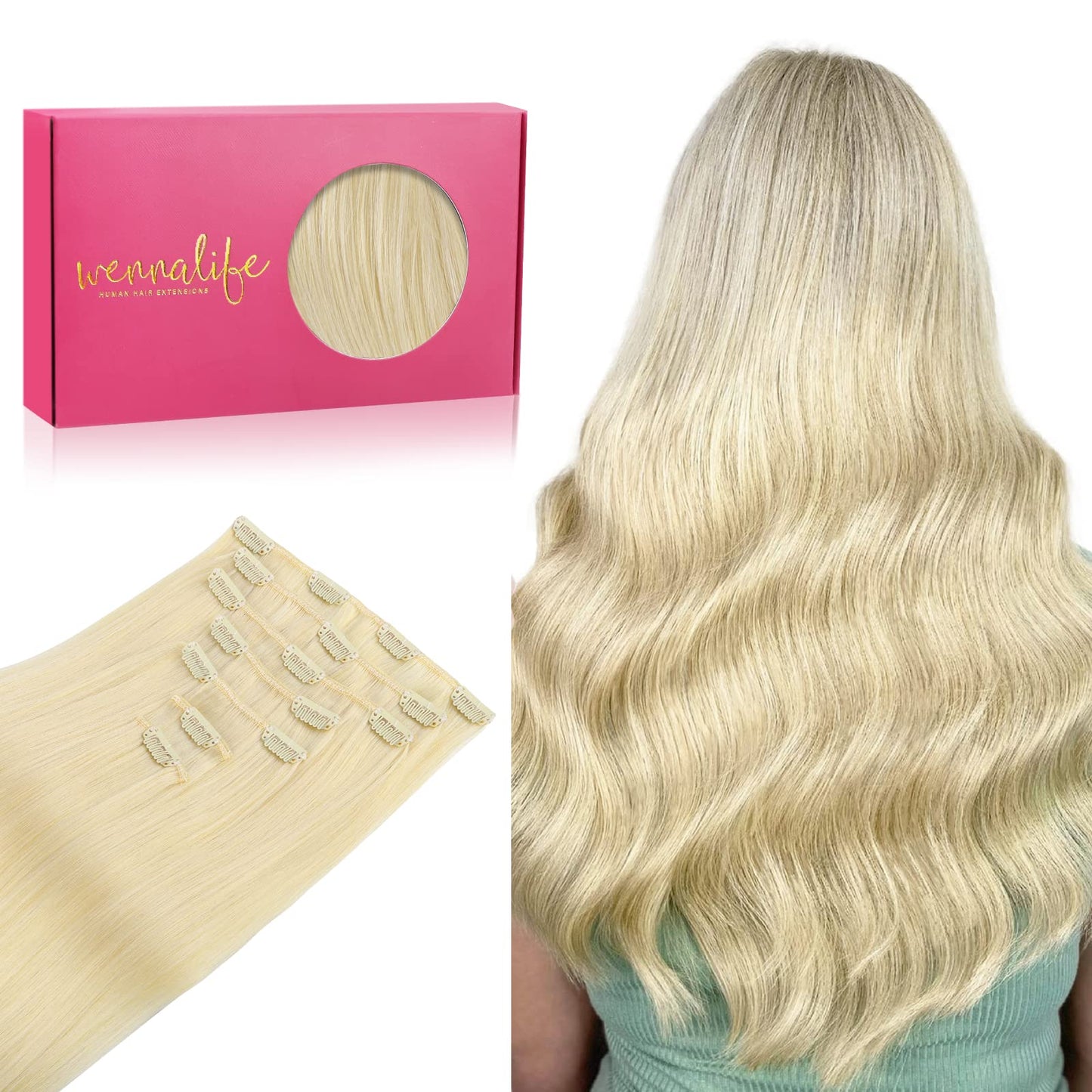 Wennalife Clip In Hair Extensions Real Human Hair, 18 Inch 120G 7Pcs Human Hair Extensions Clip In Human Hair, Bleach Blonde Hai