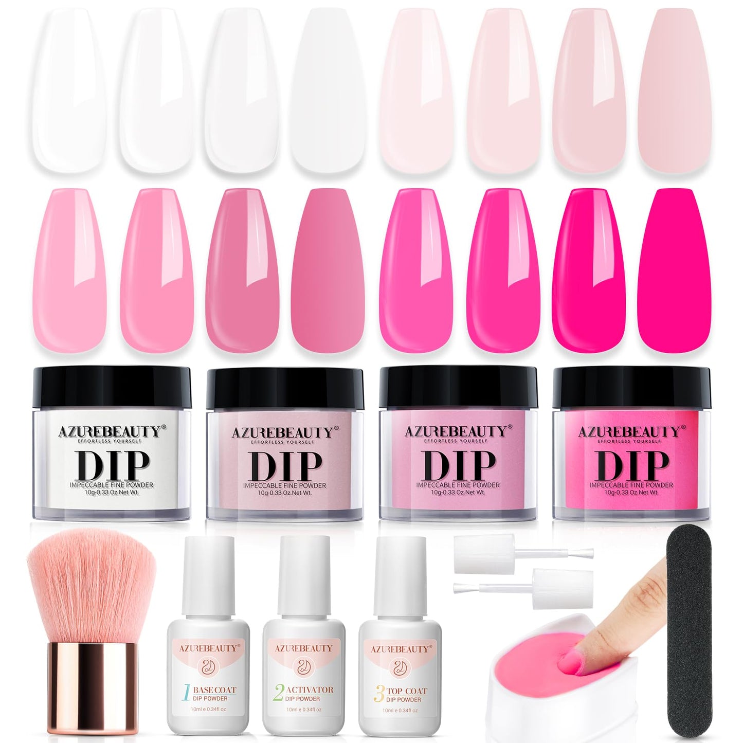 Azurebeauty Dip Powder Nail Kit Starter, Light/Hot Pink Clear White Summer 4 Colors Acrylic Dipping Powder Liquid Set With Base/