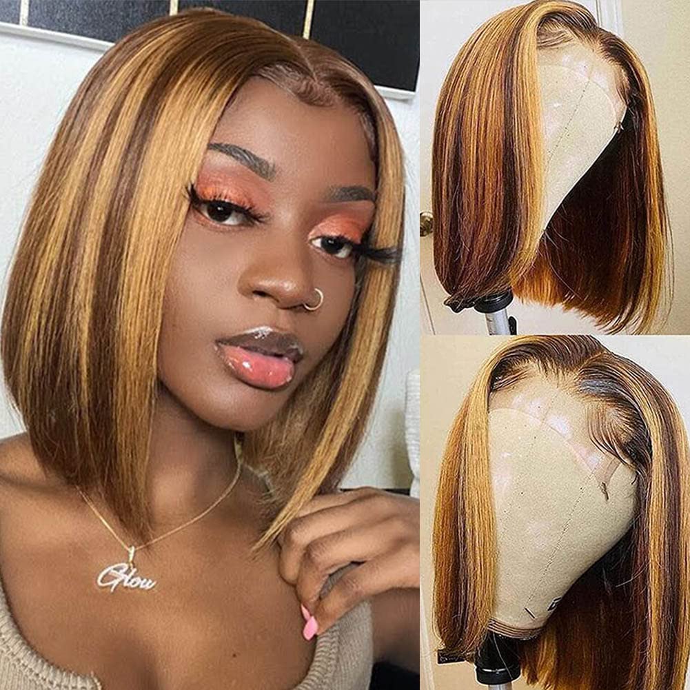 Huiwanyan Highlight Lace Front Wig Human Hair Ombre 4/27 Bob Wig Human Hair Glueless 13X4 Hd Lace Front Bob Wigs Human Hair Pre