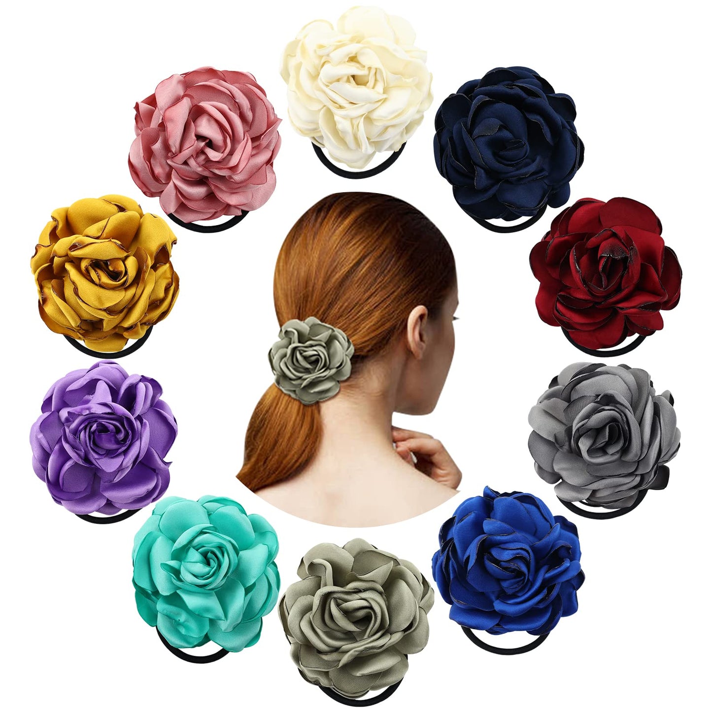 Dizila 10 Pack Rubber Elastics With 4'' Handmade Solid Rose Flower Hair Ties Scrunchies Holders Ropes Hair Bands Headbands Acces