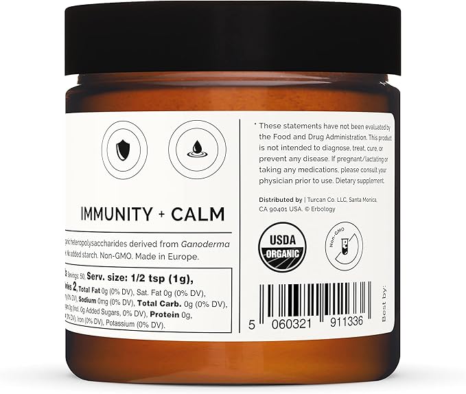 Erbology Organic Reishi Mushroom Powder 50 Servings - 21% Beta-glucans - Immunity Support - Ganoderma Lucidum - Small Batch - Sustainably Grown in Europe - Vegan - Non-GMO - No Added Fillers