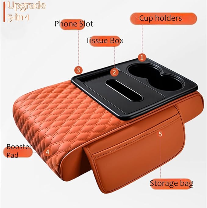 5-in-1 Car Armrest Pad Cushion, Water Ripple Embossed Center Console Booster Pad with Tissue Box, Cup Holder, Storage Bag, Phone Slot, Fit for Most Sedan Vehicles (Water Ripple Series, Black)