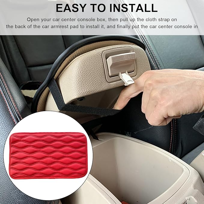 Car Center Console Cushion Pad, 12.48×7.40 Inches Waterproof Car Armrest Seat Box Cover, Comfortable PU Leather Vehicle Armrest Cover Protector, Car Decor Interior Accessories (Red+Black)