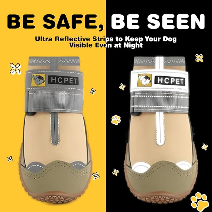 Hcpet Dog Shoes for Large Dogs, Waterproof Dog Booties for Small Medium Dogs, Anti-Slip Dog Boots & Paw Protectors for Hot Pavement Winter Snow Hiking with Reflective Straps Khaki Size 7