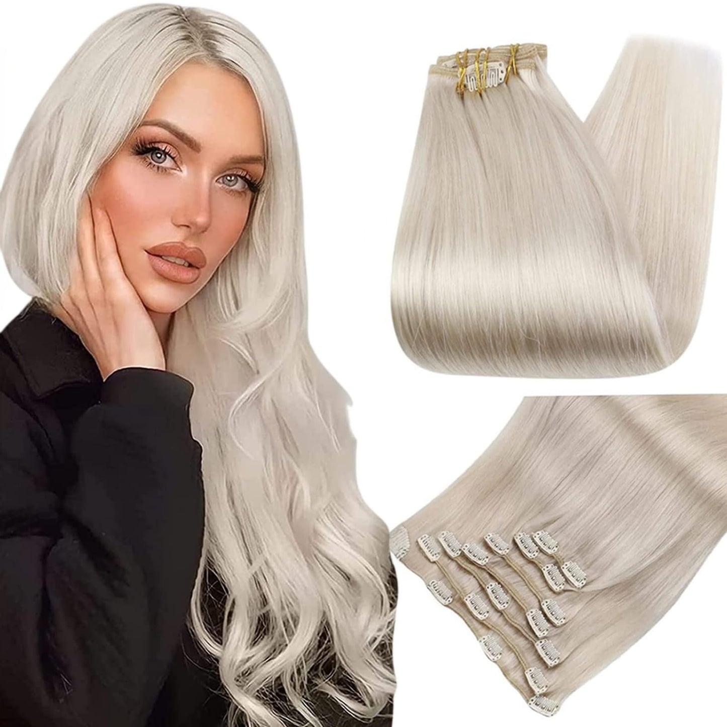 Full Shine Clip In Blonde Human Hair Extensions Lightest Blonde Hair Extensions Clip Ins Remy Hair Silky Straight Natural Clip I