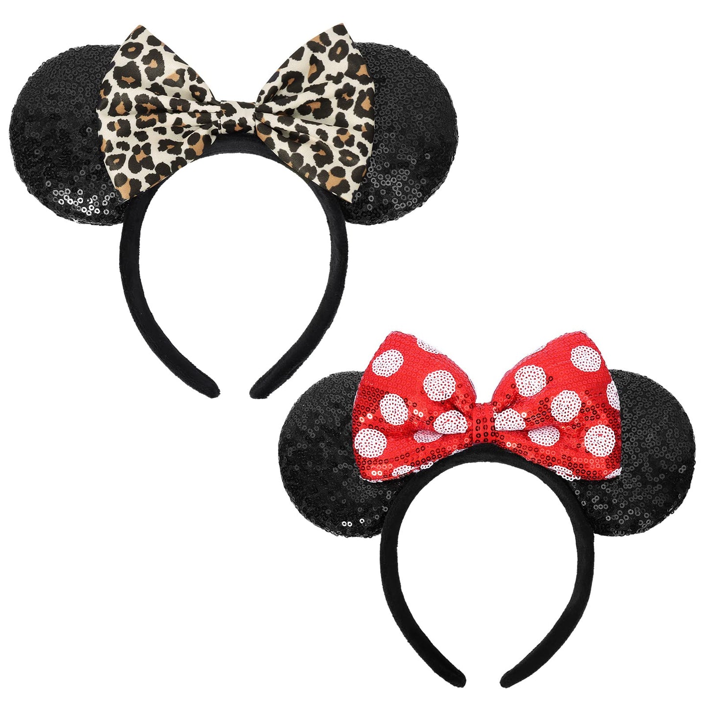 Unspaz Mouse Ears Headbands, 2 Pcs Classic Leopard Mouse Ears For Women Girls, Shiny Bow Headbands Party Decorations Cosplay Acc
