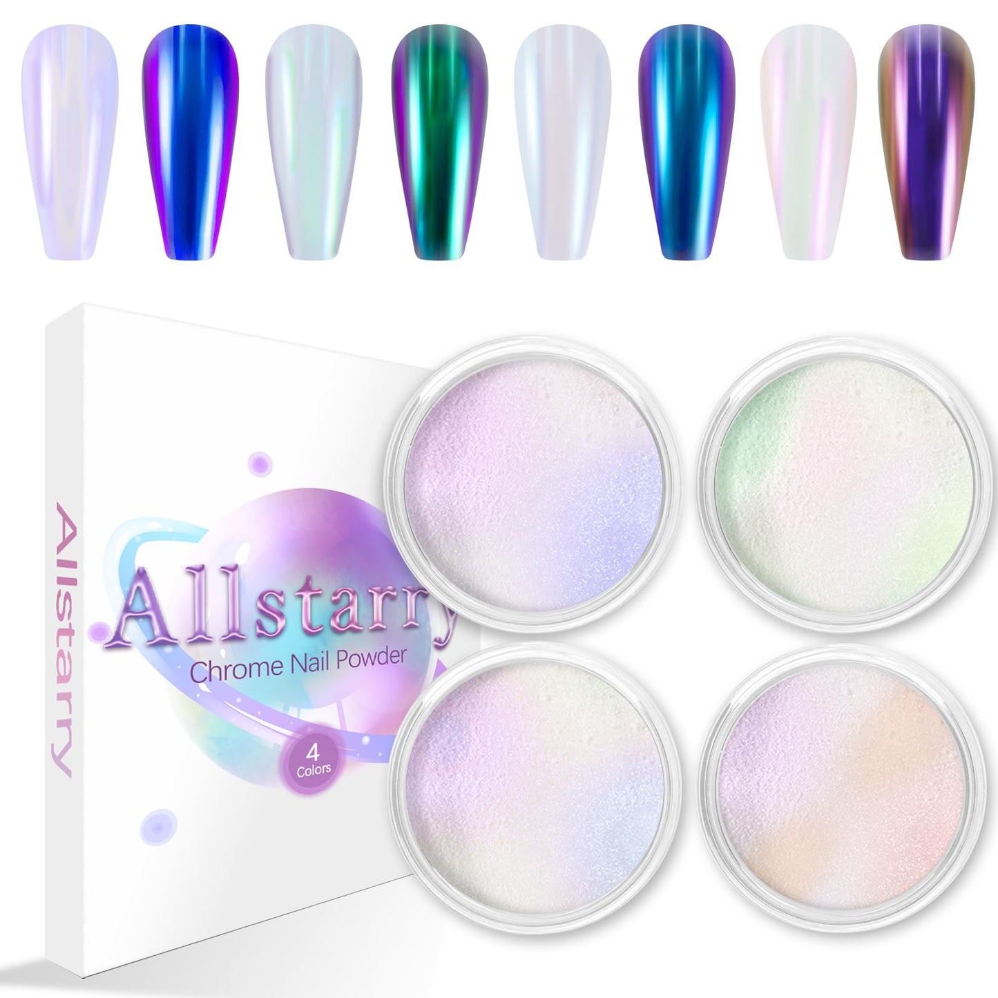 Allstarry White Chrome Nail Powder, 4 Pcs Color-Shift Chameleon Chrome Effect Powder Neon Aurora Glitter Dust Iridescent Pearles